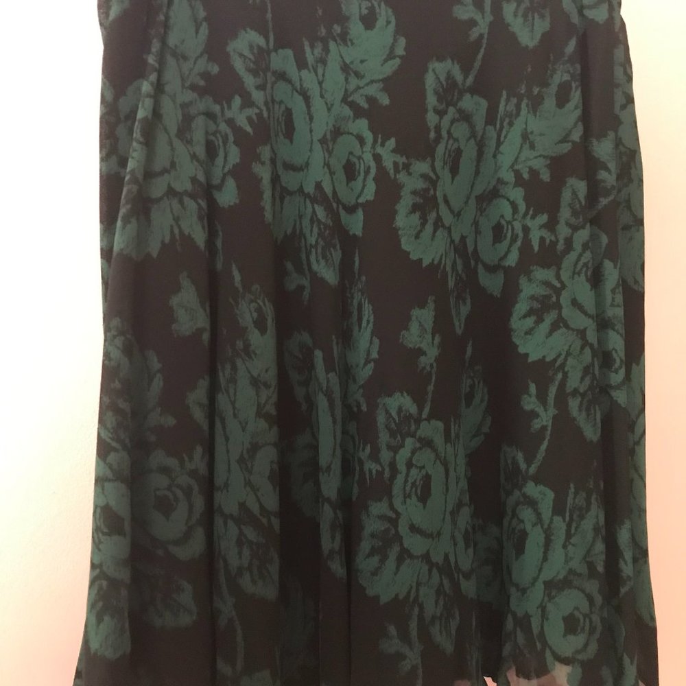 Rayon Chiffon Flared Mini Skirt Black With Green Roses